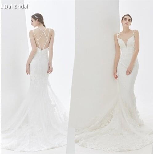 Sheath Crisscross Back Lace Appliqued Beaded Wedding Dress High Quality Bridal Gown Factory Custom Made