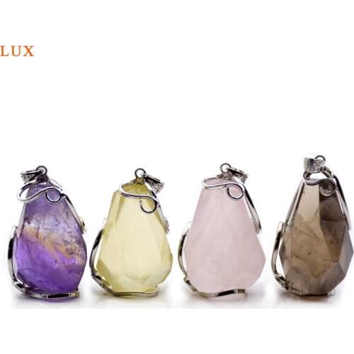 Natural quartz pendants amethysts citrines rose smoky quartzs jewelry charm for necklace faceted gems stone silver plated