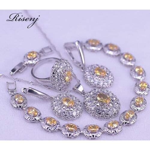 Risenj Oval Silver 925 Jewelry Set For Women Yellow AAA Zircon & Crystal Earrings Ring Necklace Bracelet Set Bridal Jewelry