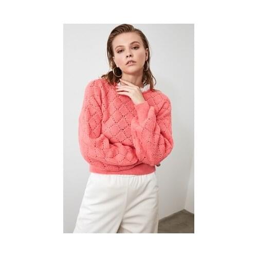 Pink Openwork Lace Detail Knitwear Sweater Women Elegant Perspective Organza Sweaters Female Ladies
