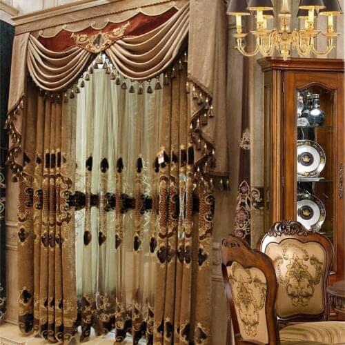 European style coffee color hollow embroidered curtains for living room luxury flannel curtains screen semi-shading bedroom