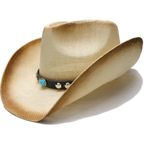 Retro Style Womens Mens Summer Straw Wide Brim Beach Western Cowgirl Fedora Cowboy Hat Turquoise Beads Leather Band 58cm