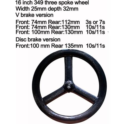 Width 25mm 16" Carbon Folding Bike 16inch 349 Tri Three Spoke Wheelset 3s 7s V Brake Disc 6 Bolt Kid Balance Clincher Wheels
