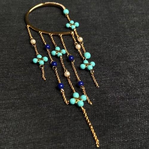 UMGODLY Luxury Brand Single Roma Blue Stone Cross Tassel Chain Ear Cuff Clip Earring Gold Color Women Fashion Jewelry July New