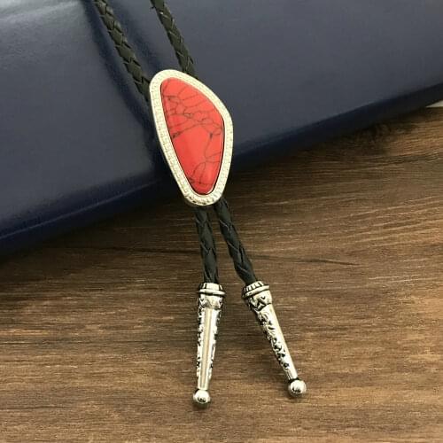 Western cowboy tuxedo accessories bolo tie shaped triangle natural turquoise leather collar rope unisex casual necklace birthday