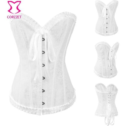 Bridal Weding Satin Ruffle Jacquard Floral Strapless Corsets&Bustiers Steampunk Corset Overbust Sexy Gothic Lace Up Corselet