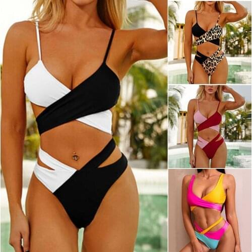 Womens Bandage Bikini Set Wireless Push-up Padded Bra Swimsuit Color Contrast Beachwear for Pool Summer Swimming B2Cshop