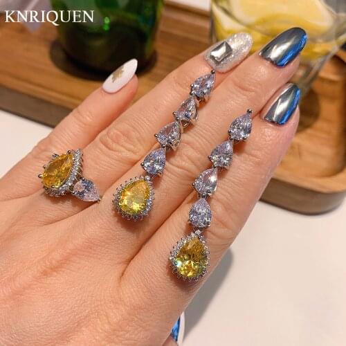 Vintage 925 Sterling Silver Water Drop Topaz Pink Quartz Lab Diamond Long Earrings Ring for Women Luxury Party Jewelry Sets Gift