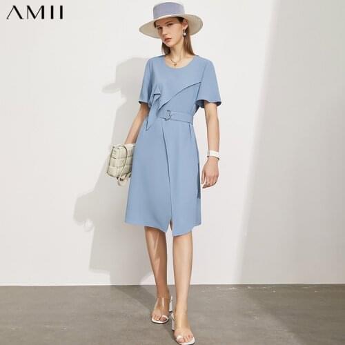 Amii Minimalism Summer New Womens Dress Offical Lady Solid Oneck Irregular Hem Womens Chiffon Summer Dress For Women 12130214