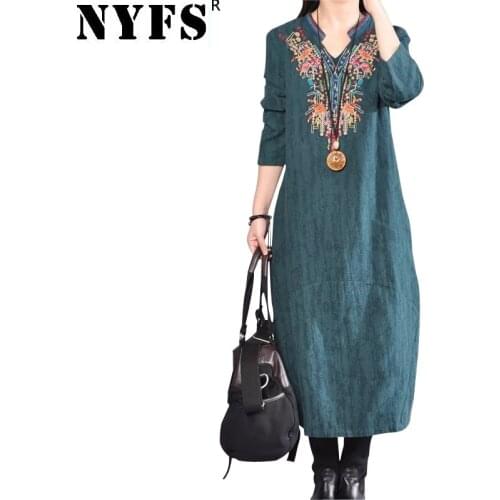 NYFS Autumn Woman Dress Fashion embroidery Loose Long sleeve Long Dress Vintage Cotton Linen Vestidos Robe