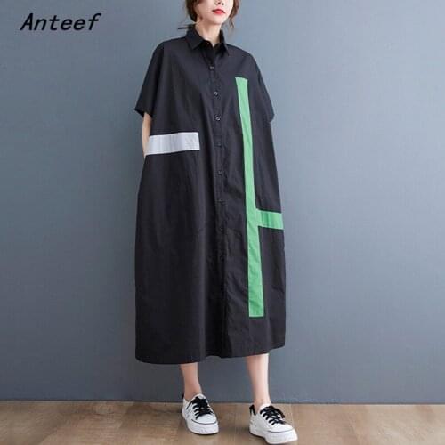 Anteef short sleeve cotton patchwork vintage dresses for women casual loose long woman summer shirt dress elegant clothes 2021