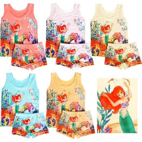 1set Hot Kids Clothing Girls Panties Summer Cartoon Sleeveless T-shirt Children Vest Mermaid Cotton T shirts Panties Briefs set