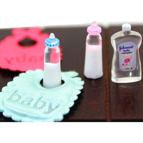1x Blue Pink Bib 2x Baby Bottle 1x Shampoo Cute 1:12 Dolls House Miniature Baby Bottles Shampoo Bibs Set Nursery Accessory
