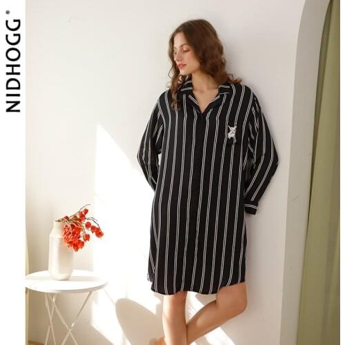 2021 Night Dress Women Sleepwear Long Sleeve Striped Nightgowns Summer Ladies Nightdress Satin Casual and Loose Skirt Sleep Tops