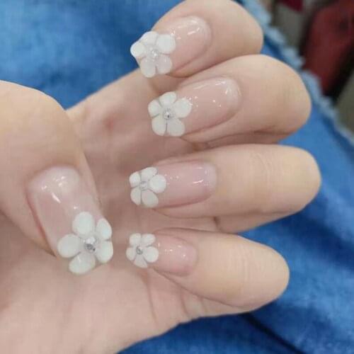 24pcs Pink Transparent Glue False Nails 2020 Flower Design Oval Press On Fake Nails Manually Removable Plastic Nail Art For Girl