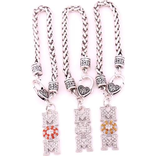 Antique sliver plated zinc studded with sparkling crystal MOM BASKETBALL sporty charm bracelet Lobster-claw-clasps