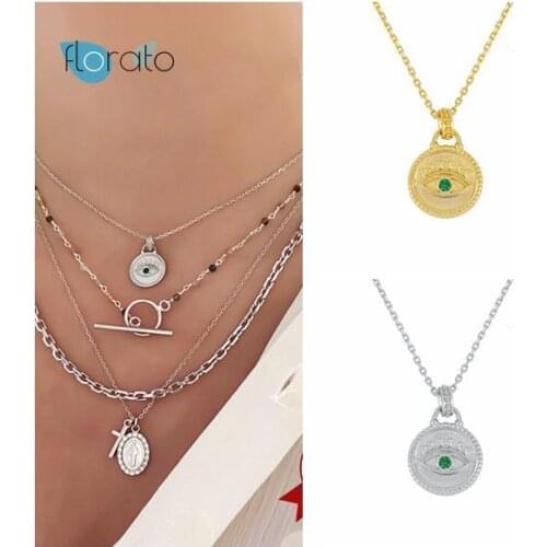 925 Silver Chain Gold Silver Green Crystal Eye Coins Pendant Necklace Long Chain Lucky Eye Luxury Women Fashion Fine Jewels