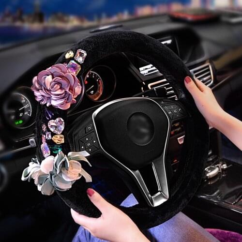 Flower Plush Winter Steering Wheel Cover Colorful Crystal Diamond Auto Fur Steering Wheel Covers Car Accessories Women Girls
