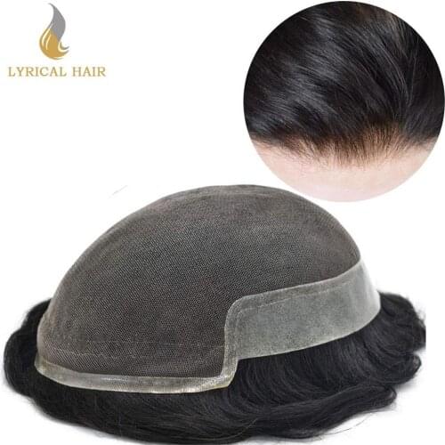French Lace Front Mens Toupee Hairpiece Bleached Knots Human Black Hair Replacement Poly Skin Pu Hair System Wig for Men