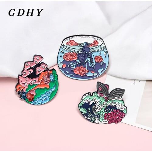 GDHY Cute Cherry Blossom Lotus Rose Enamel Brooch Pin Forest Sea Wave Peak Whale Shark Cherry tree Brooches Broche Badge Jewelry