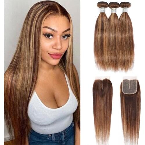 Highlight Ombre Bundles With Closure 30 Inch Straight Brown Remy Human Hair HD Transparent Lace Frontal Bone Straight Weave Hair