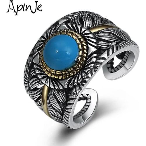 Apinje Feather Wing Ring Authentic 925 Sterling Silver Stone Ring Free Size Adjustable Finger Ring for Men Women Fashion Jewelry