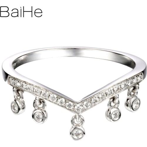 BAIHE Solid 14K White Gold 0.12ct H/SI Round Natural Diamonds Women Wedding Trendy Fine Jewelry Beautiful v-shaped diamond Ring