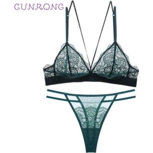 French triangle cup lace ultra-thin bra set sexy lingerie bra with thin underwire without underwire Burgundy lady