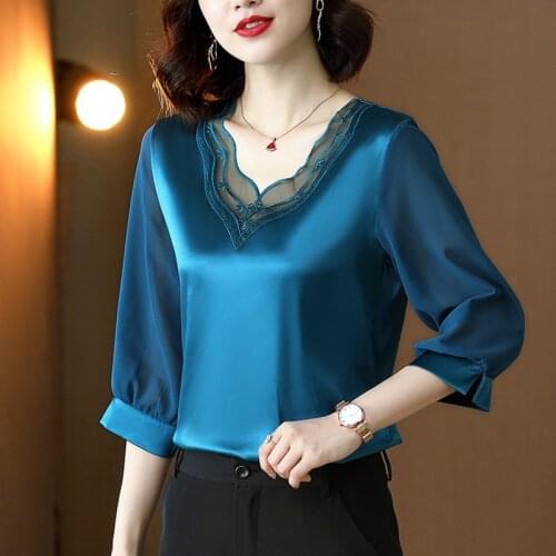 Korean Fashion Silk Women Blouses Satin Office Lady Shirt and Blouse Solid Lace Woman Blusas Plus Size XXXL/5XL Women Tops