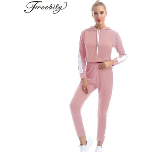 2Pcs Women Spring Autumn Gym Running Tracksuits Sportswear Hooded Long Sleeves Cropped Top High Waist Pants Set for Yoga Fitness