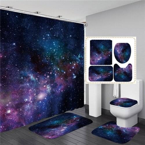 Starry Universe Bathroom Shower Curtain Set Anti-Slip Bath Mat Flannel Soft Toilet Cover Absorbent Rug Modern Home Decoration