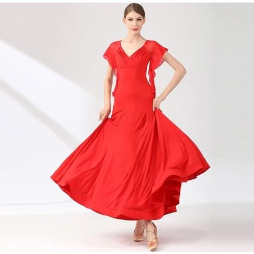 New Red Sexy Modern Dance Dress National Standard Dance Women Ballroom Dance Dresses Waltz Performance Costumes Short Sleeves