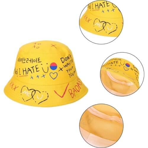 Unisex Summer Harajuku Cotton Bucket Hat Letters Graffiti Hip Hop Fisherman Cap