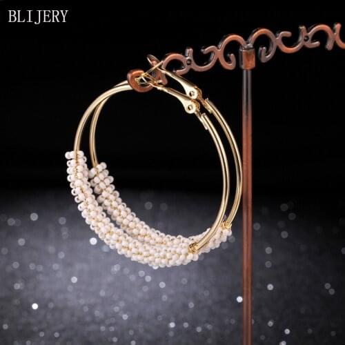 BLIJERY 2019 New Fashion Gold Color Beaded Hoop Earrings Statement Big Circle Earrings for Women Punk Jewelry Boucles d'oreilles