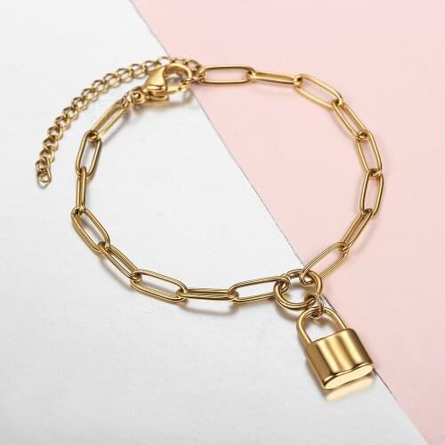 Chic Lock Charm Bracelet for Women Girls Gold Tone Solid Stainless Steel Paperclip Lara Rectangle Link Chain Adjustable DB301