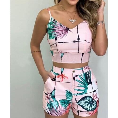 Summer Tops And Shorts Set Women Floral Printed Sleeveless Camis V-neck Crop Tops Shorts Outfits Ladies Beachwear Hot Sale Ju4