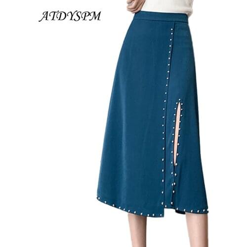 Women High Waist Split A-Line Skirts Sexy Rivet Drap Midi Skirts 2021 Autumn Korean Fashion Female Casual Streetwear Skirts