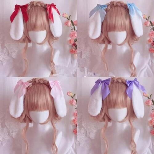 Girls Kawaii Lolita Bunny Ears Hair Clip Plush Lop Ears Rabbit Hairpin Candy Color Ribbon Bowknot Anime Cosplay Hair Accessories