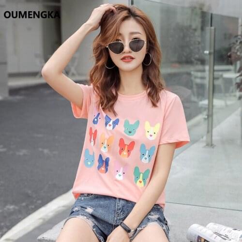 Cute Dog Print Women Tshirt High Quality Short Sleeve Round Neck Cotton Spandex Women Tops Casual Loose Women T-shirt S-4XL