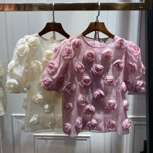 2021 Summer Womens Shirt French Court Style Solid Color Round Neck Puff Sleeve Three-dimensional Rose Top New Female Tops FC187