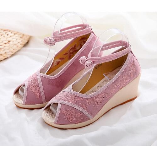 Ankle Strap Ladies Jacquard Cotton Embroidered Peep Toe Wedge Shoes Women Comfort Casual Summer Canvas Sandals 6.5cm