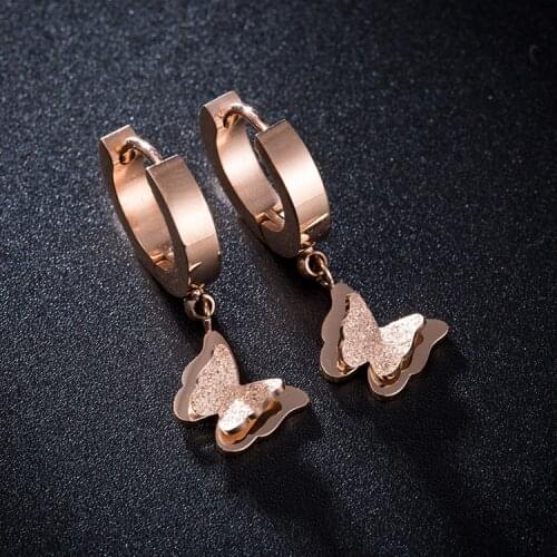 Top Quality Brand Jewelry Rose Gold Frosted Butterfly Clover Pendant Charms Stainless Steel Small Circle Hoop Earrings for Women