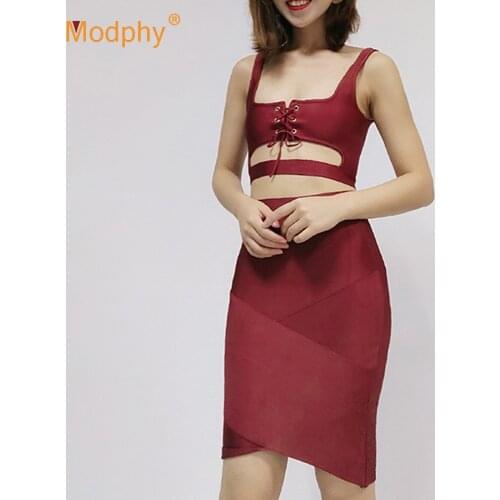 Free Shipping Bandage Women Set Sexy Hollow Lace-Up Tank Top & High Waist Pencil Skirt 2 Two-Piece Sete Club Party Skirt Suit