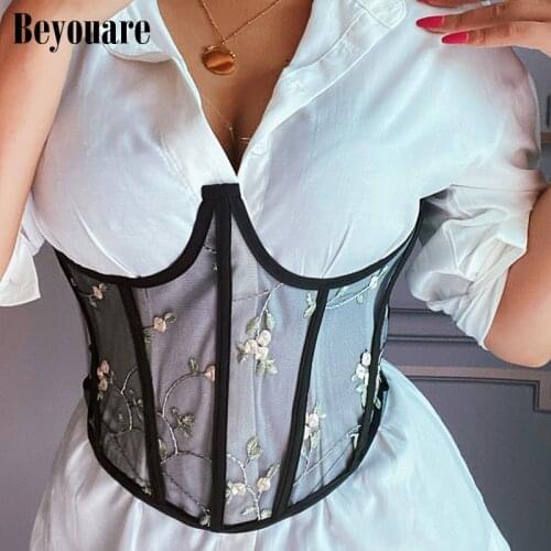 Beyouare Embroidery Womens Lace Wide Belt Mesh Fitted Waist 2021 Accessory Asymmetric Bandage Striped Corset Vintage Streetwear