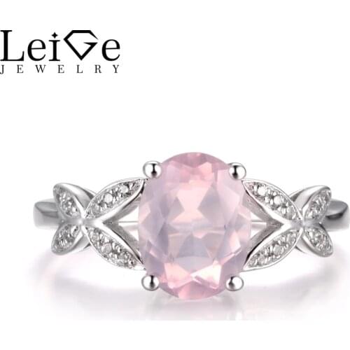 LeiGe Jewelry Natural Pink Quartz Ring Promise Rings Oval Cut Pink Gemstone Ring 925 Sterling Silver Butterfly Shape Rings