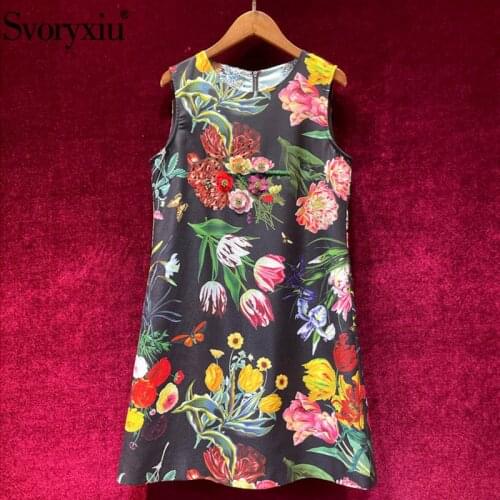 Svoryxiu Runway Designer Summer Vintage Black Flower Print Tank Short Dress Womens Manual Beaded Party A Line Mini Dresses