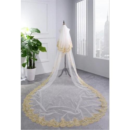 Long Two Layers 3.5M Golden Lace Long Wedding Veil New Bridal Veil with Comb Velos De Novia Free Comb