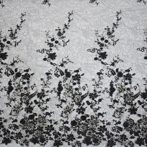 Elegant Black Handmade Beaded Net Embroidery Lace Sequins Dress Fabric HY0771