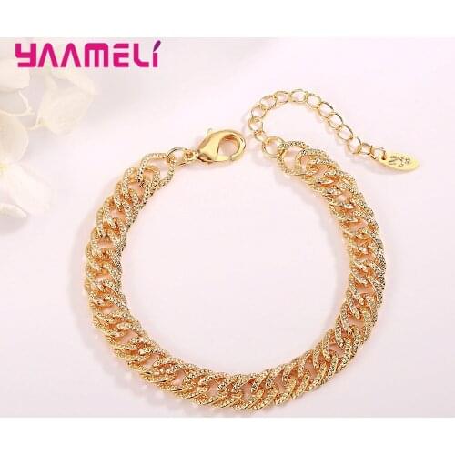 European and American Trend 925 Sterling Silver Bracelets for Women Wide Gold Twisted Chain Men Wristband Bangle with Extender