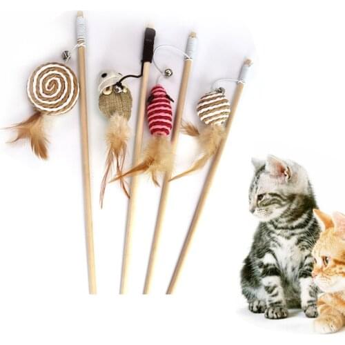 Interactive Pet Cat Teaser Toys Feather Linen Wand Cat Catcher Teaser Stick Cat Toys Wood Rod Mouse Toy With Mini Bell
